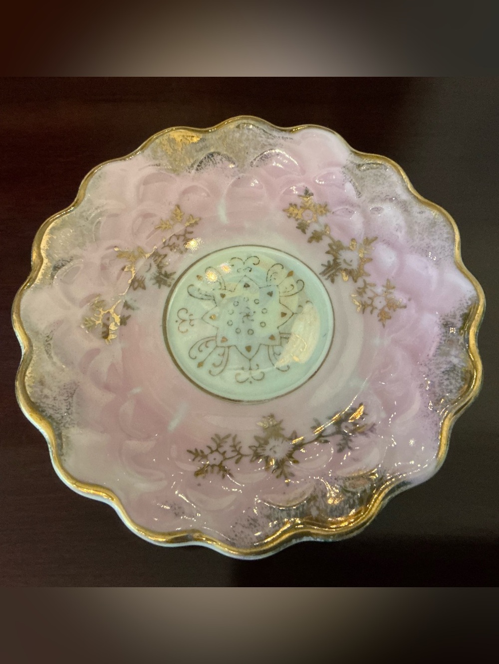 Antique Pink Porcelain Decorative Scalloped Saucers with Gold Trim. Set of 2 - Picture 3 of 4